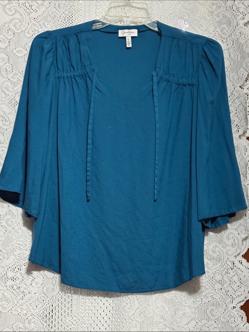 Jessica Simpson Teal Open-Front Tie-Neck Tunic
